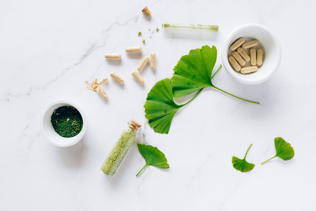 services-01 Flat lay of herbal supplements with ginkgo leaves on marble surface, emphasizing natural health remedies.